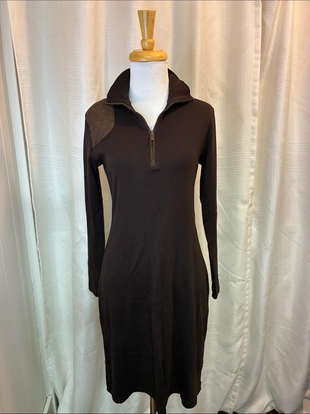 Lauren Ralph Lauren Brown Long-Sleeve Zip-Neck Midi Dress